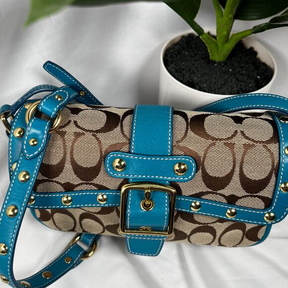 SOLD COACH Vintage Blue Studdd Crossbody Monogram Purse Gold Hardware - Picture 2 of 9